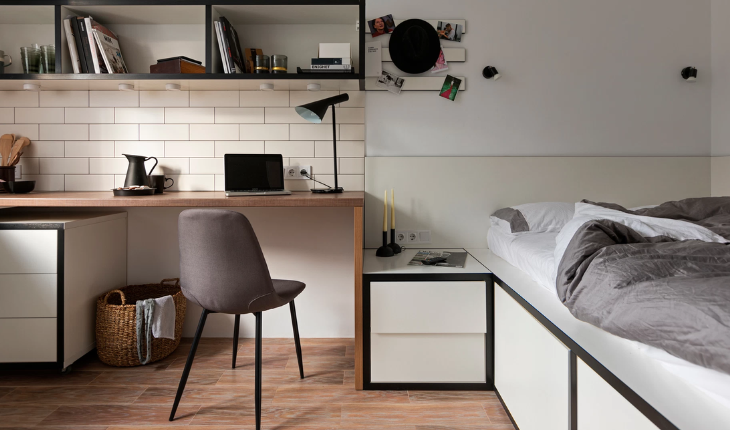 modern studio apartment designed for a student.